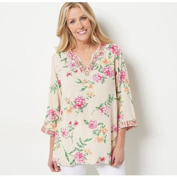 Belle by Kim Gravel Embroidered Floral Blouse Top Size Small 3/4 Sleeve - Picture 1 of 7